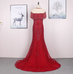 Bright Red Mermaid Crew Neck Beaded Tulle Train Formal Prom Dress
