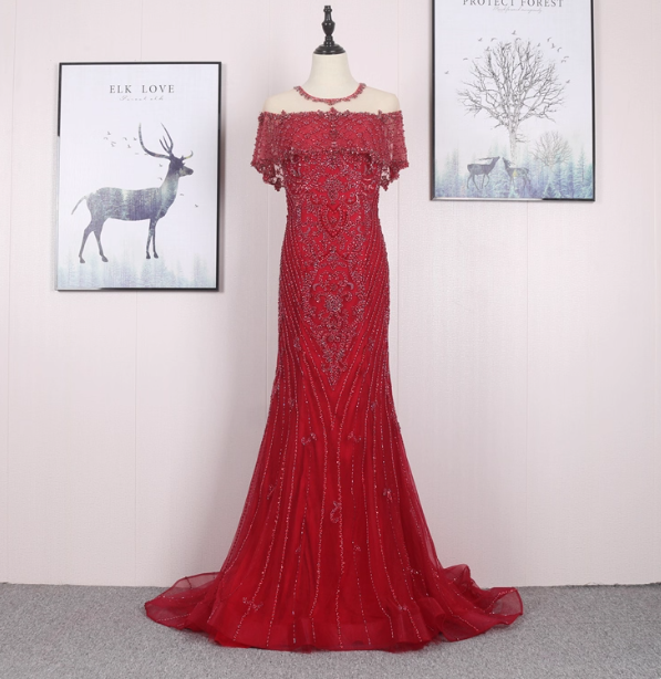 Bright Red Mermaid Crew Neck Beaded Tulle Train Formal Prom Dress Main image