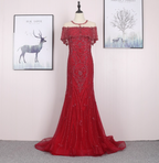 Bright Red Mermaid Crew Neck Beaded Tulle Train Formal Prom Dress