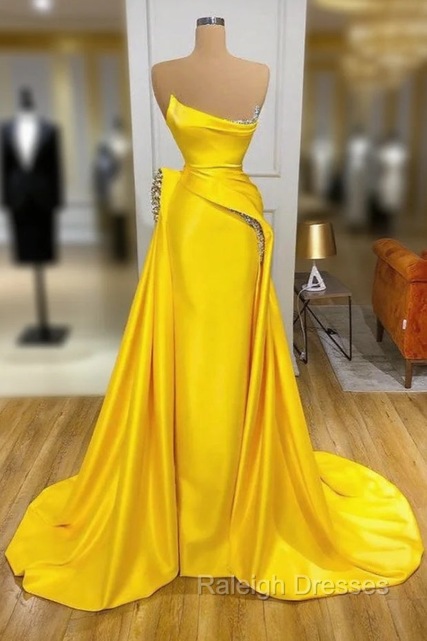Bright Yellow Strapless Metallic Sequin Overskirt Prom Dress Main image