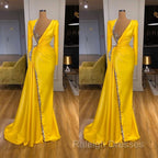 Bright Yellow V-neck Metallic Sequin Long sleeves Prom Dress