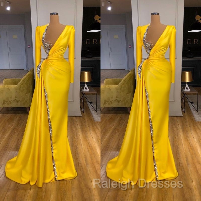 Bright Yellow V-neck Metallic Sequin Long sleeves Prom Dress