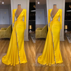 Bright Yellow V-neck Metallic Sequin Long sleeves Prom Dress