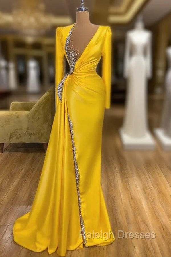 Bright Yellow V-neck Metallic Sequin Long sleeves Prom Dress Main image