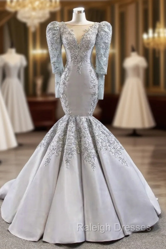Brilliant Silver Gray Mermaid Satin Long Sleeve Appliques Beading Prom Dress Main image