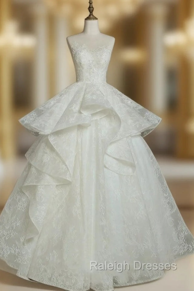 Brilliant White Ball Gown Lace Backless Wedding Dress With Train