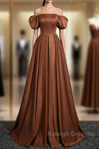 Brown A-Line Satin Long Prom Dress, Brown Long Formal Dress