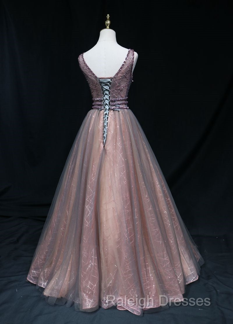 Brown A-Line Tulle Long Formal Dress Features Plunge Neck With Mesh Insert Prom Dress,