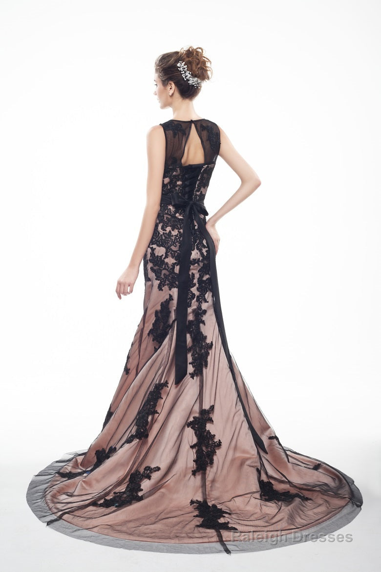 Brown And Black Memraid Appliques Backless Prom Dresses With Sash