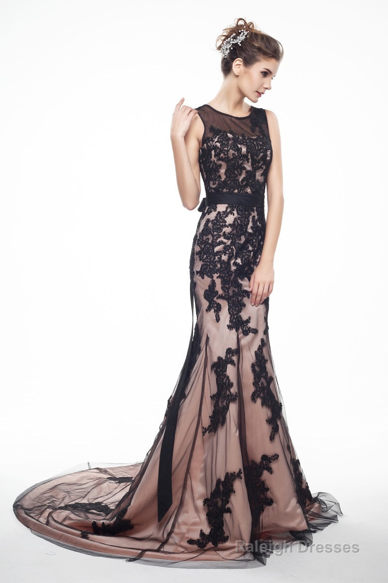 Brown And Black Memraid Appliques Backless Prom Dresses With Sash