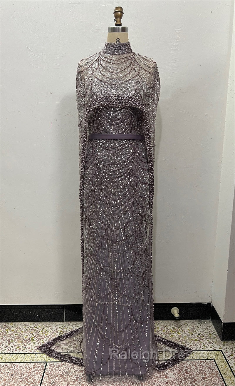 Brown Beading Prom Dresses Sweep Train High Neck Zipper Sleeveless Evening Dresses Secondary image