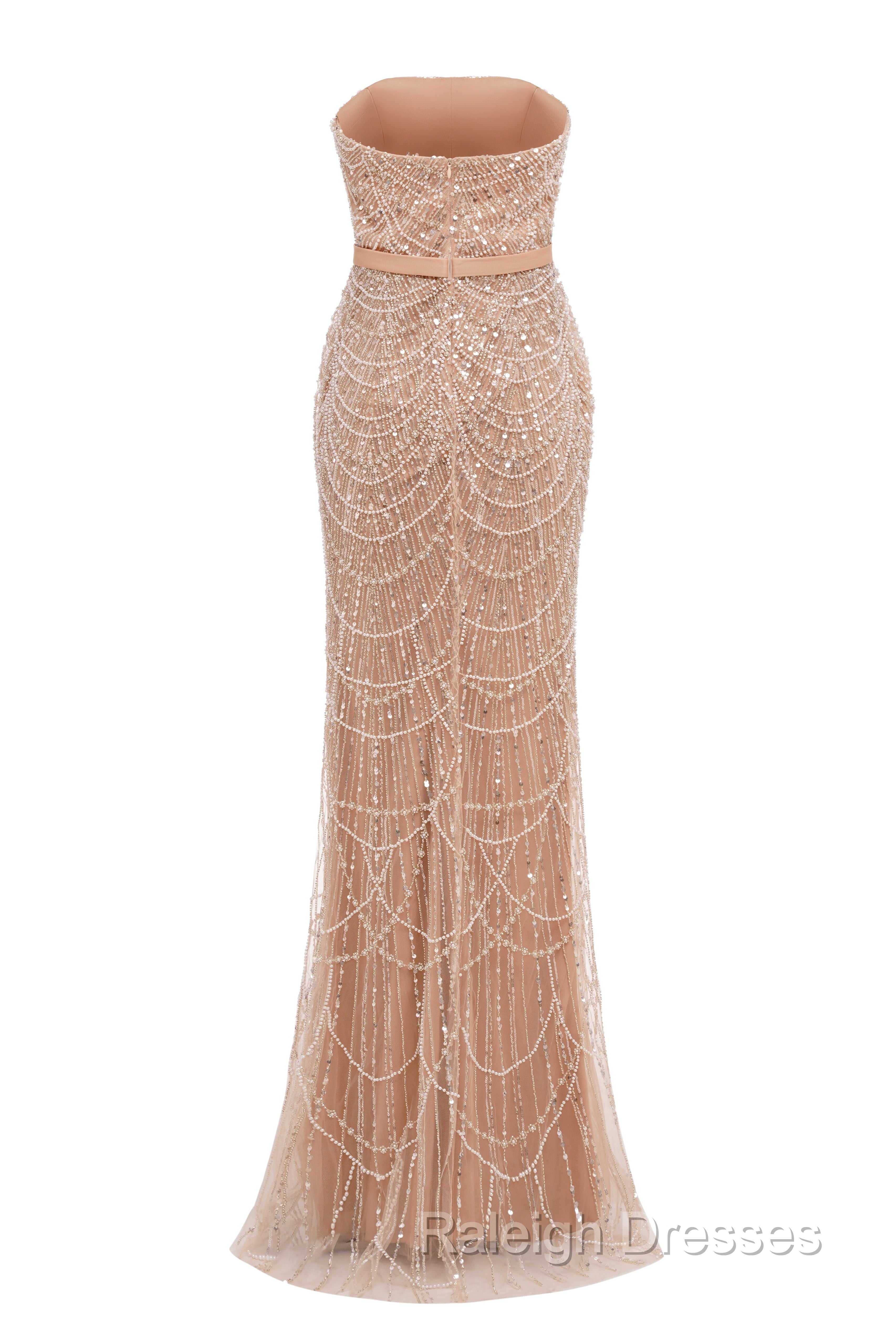 Brown Beading Prom Dresses Sweep Train High Neck Zipper Sleeveless Evening Dresses