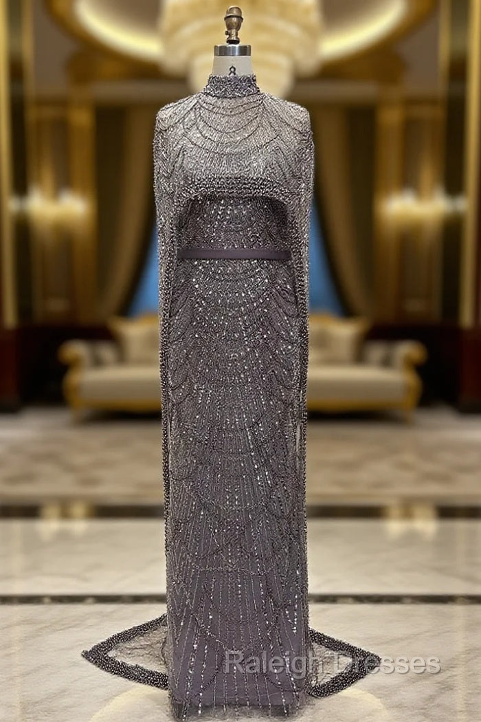 Brown Beading Prom Dresses Sweep Train High Neck Zipper Sleeveless Evening Dresses Main image