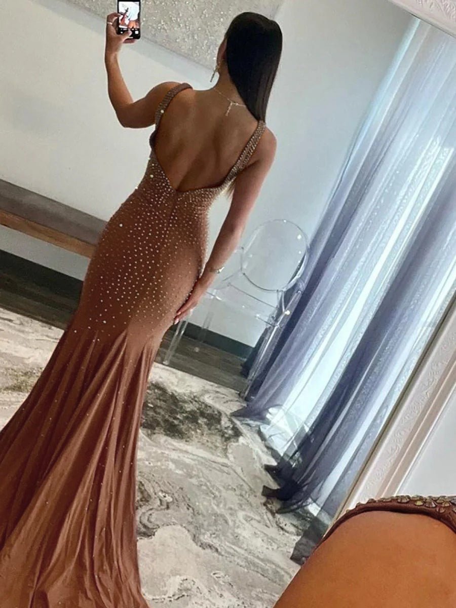 Brown Mermaid Deep V-Neck Beaded Satin Long Prom Dress