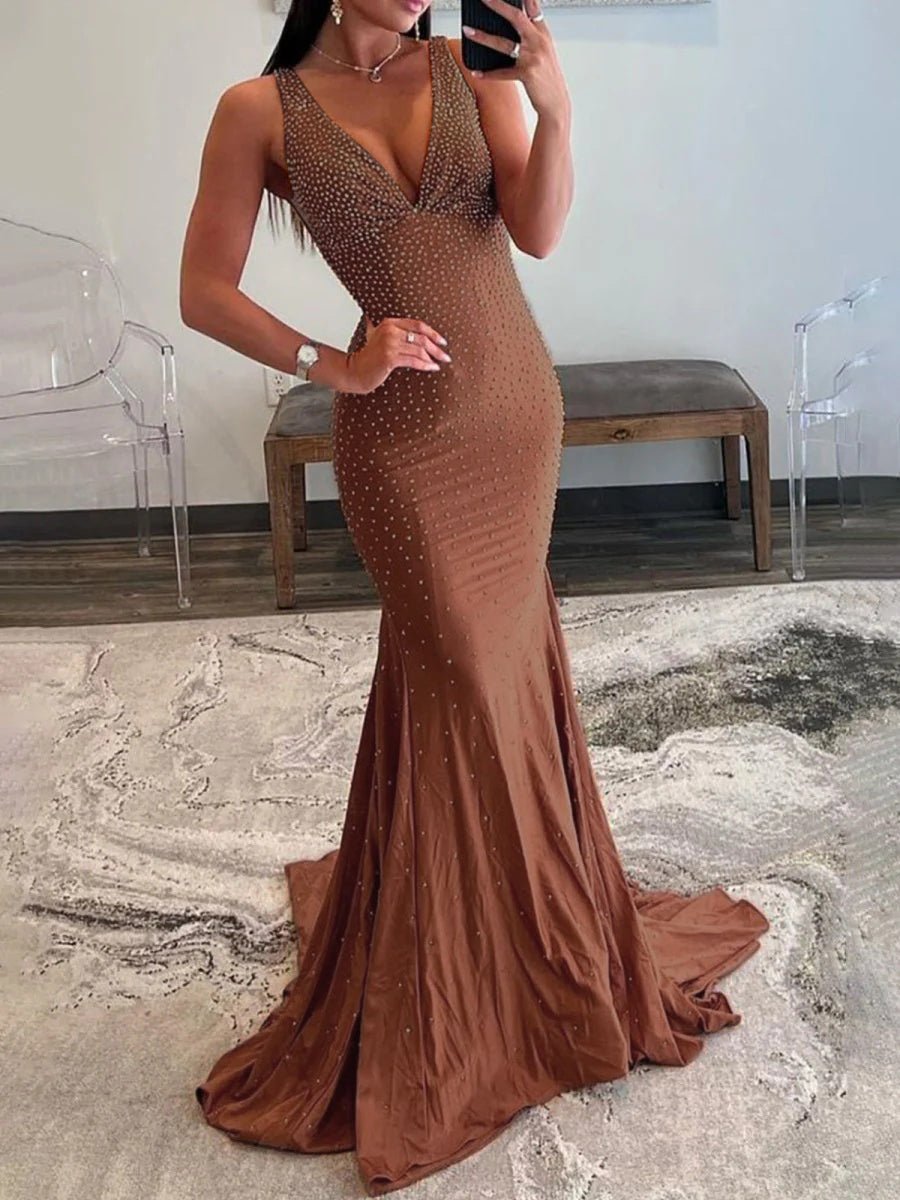 Brown Mermaid Deep V-Neck Beaded Satin Long Prom Dress Main image