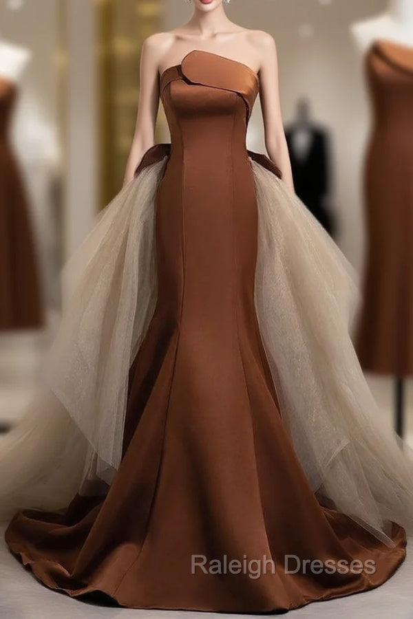 Brown Mermaid Satin Tulle Prom Dress