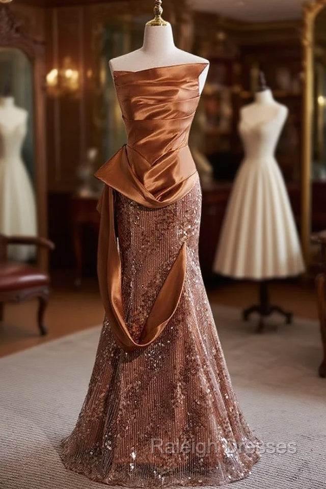 Brown Mermaid Strapless Sequins Satin Prom Dress