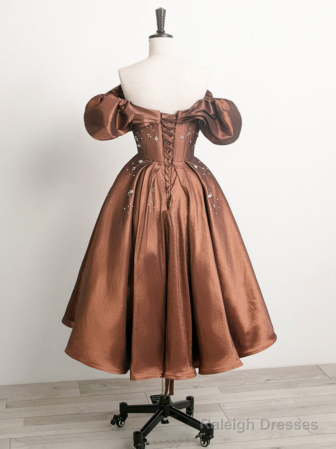 Brown Off Shoulder Taffeta Short Prom Dress, Brown Formal Dress