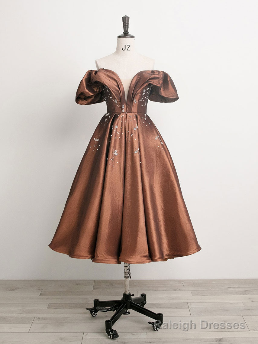 Brown Off Shoulder Taffeta Short Prom Dress, Brown Formal Dress Main image