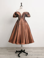 Brown Off Shoulder Taffeta Short Prom Dress, Brown Formal Dress