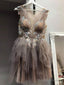 Brown Round Neck Tulle Lace Short Dress, Lace Homecoming Dress