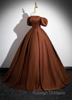 Brown Satin A-Line Short Sleeves Party Dress, Simple Satin Prom Dress Evening Dress