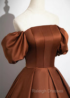 Brown Satin A-Line Short Sleeves Party Dress, Simple Satin Prom Dress Evening Dress