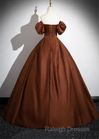 Brown Satin A-Line Short Sleeves Party Dress, Simple Satin Prom Dress Evening Dress