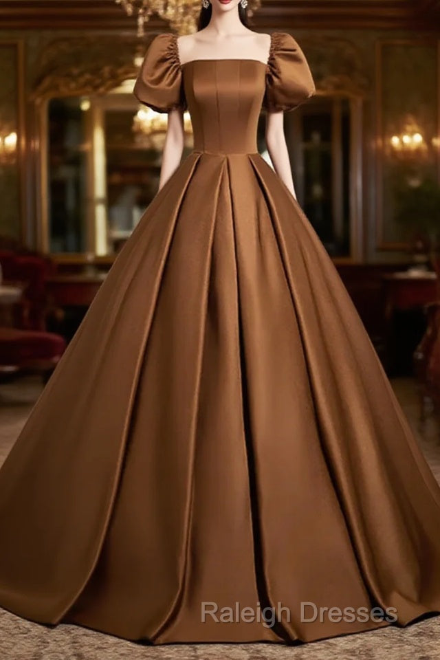 Brown Satin A-Line Short Sleeves Prom Dresses Simple Satin Prom Dresseses Main image