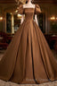 Brown Satin A-Line Short Sleeves Prom Dresses Simple Satin Prom Dresseses