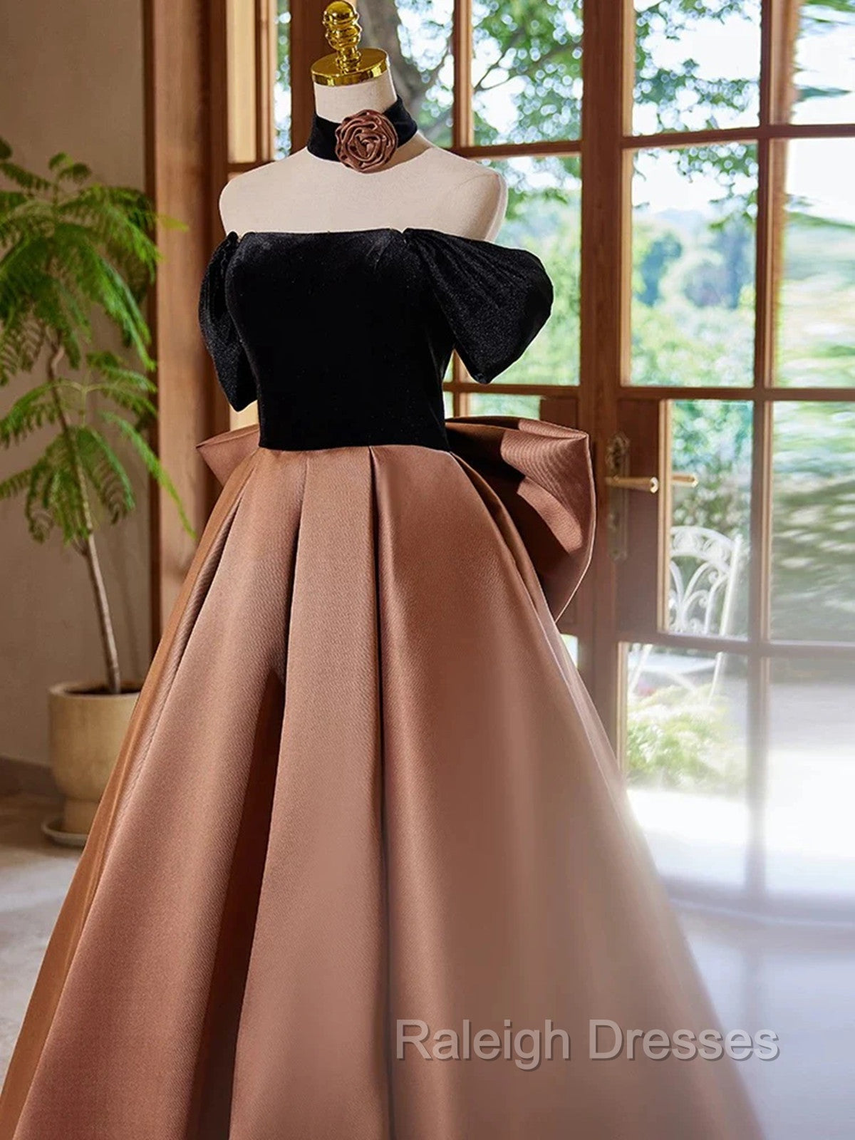 Brown Satin And Black Velvet Prom Dress, Off Shoulder A-Line Party Dress Secondary image