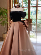 Brown Satin And Black Velvet Prom Dress, Off Shoulder A-Line Party Dress
