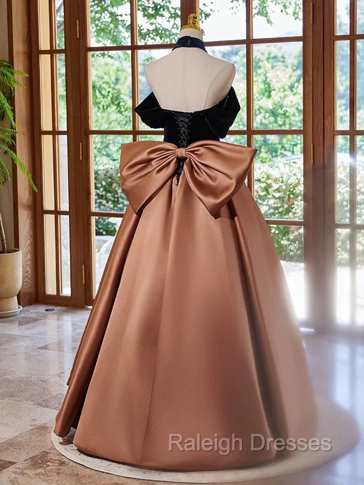 Brown Satin And Black Velvet Prom Dress, Off Shoulder A-Line Party Dress