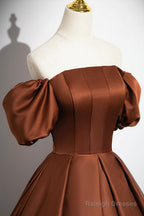 Brown Satin Long A-Line Prom Dress, Off The Shoulder Evening Party Dress