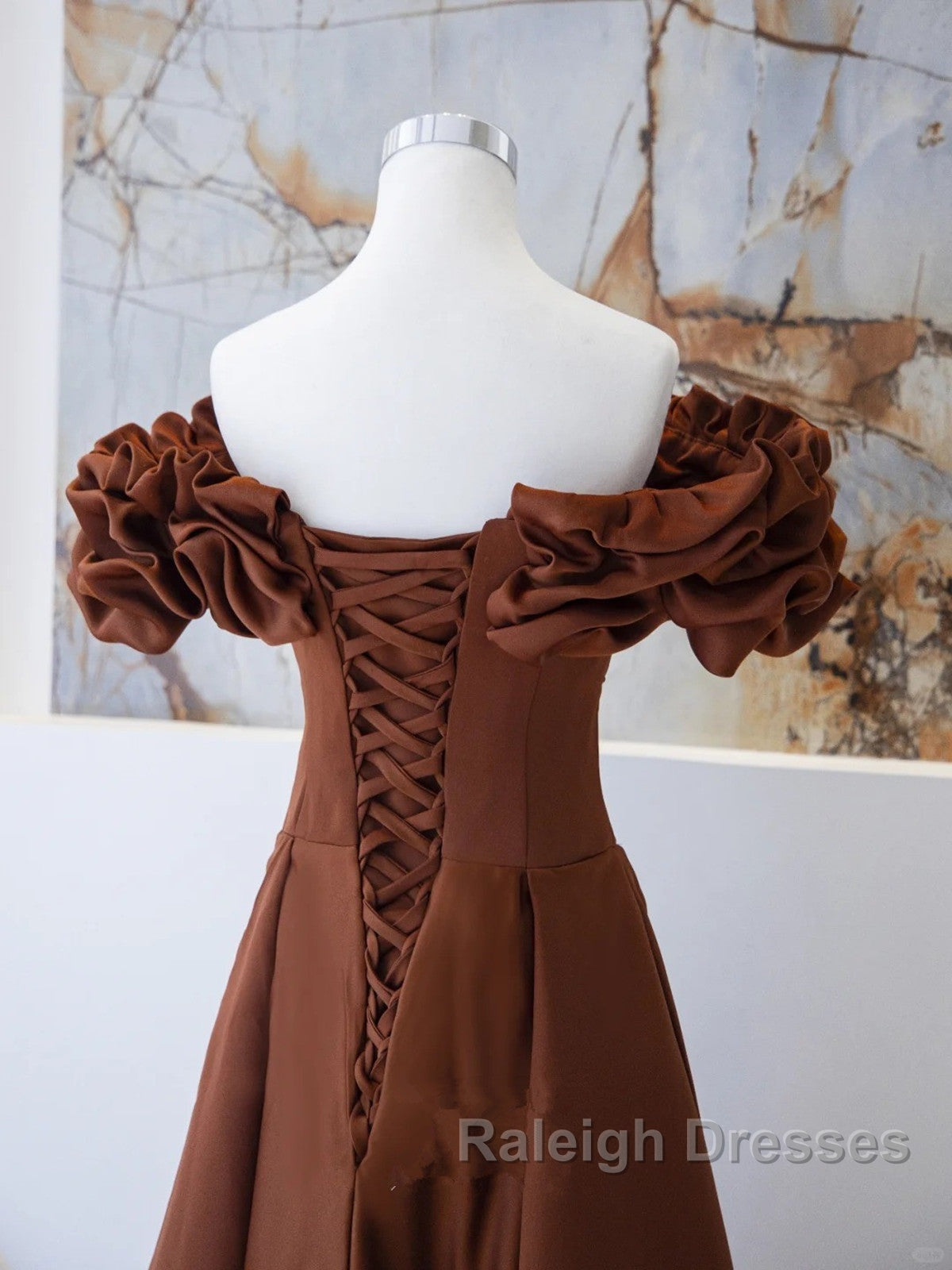 Brown Satin Off Shoulder A-Line Prom Dress, Brown Satin Evening Dress Formal Dress