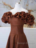 Brown Satin Off Shoulder A-Line Prom Dress, Brown Satin Evening Dress Formal Dress