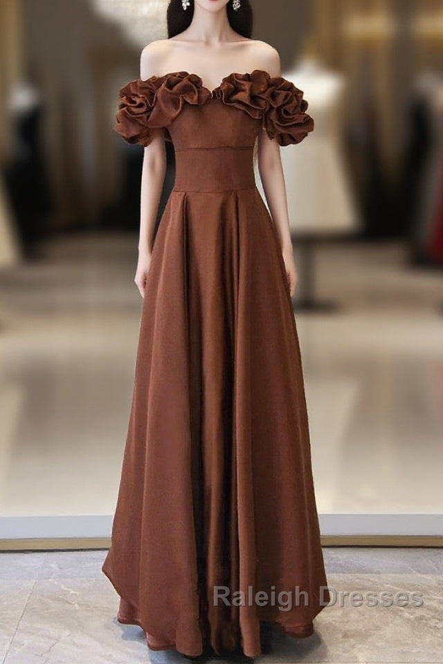 Brown Satin Off Shoulder A-Line Prom Dress, Brown Satin Evening Dress Formal Dress Main image