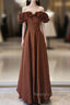 Brown Satin Off Shoulder A-Line Prom Dress, Brown Satin Evening Dress Formal Dress
