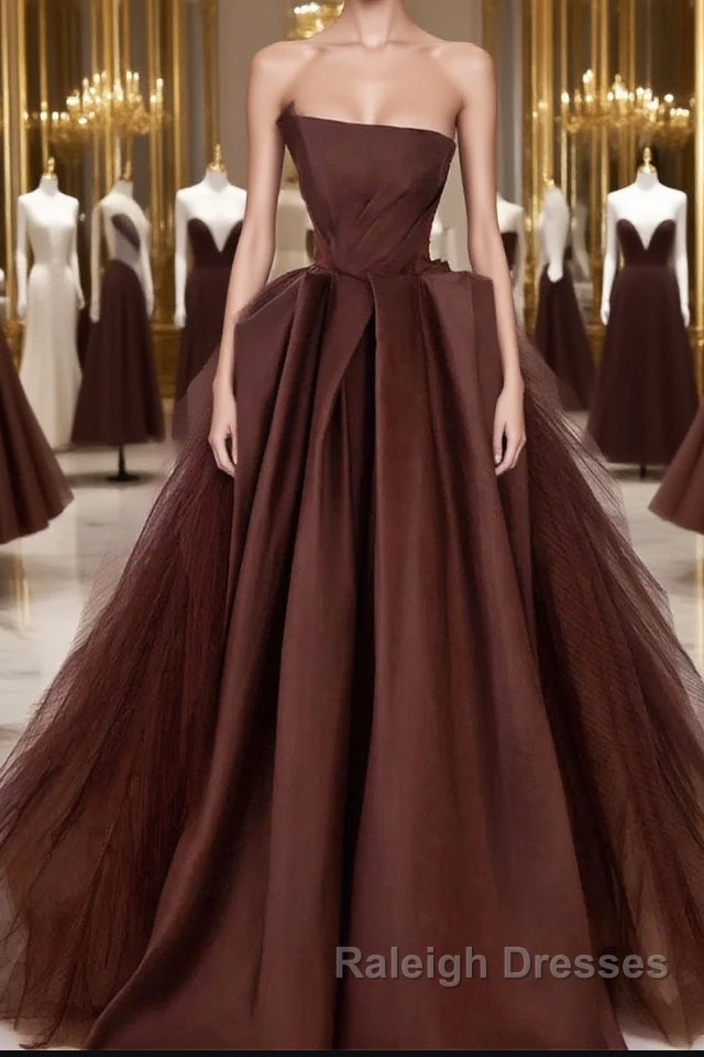 Brown Satin Tulle Long Prom Gown, Brown Long Evening Dresses