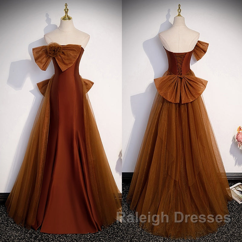 Brown Tulle And Satin Mermaid Long Party Dress, Long Formal Dress Prom Dress