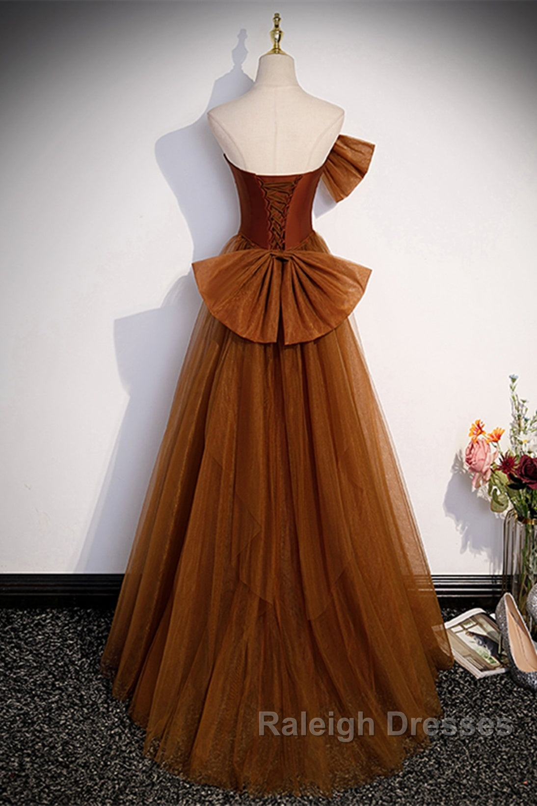Brown Tulle And Satin Mermaid Long Party Dress, Long Formal Dress Prom Dress
