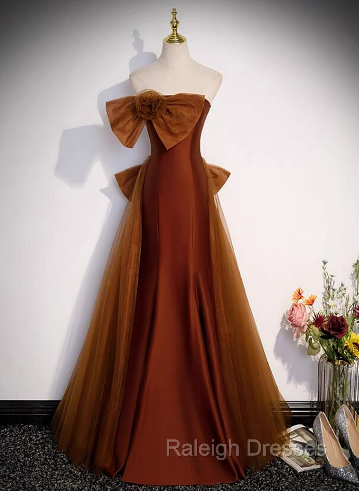 Brown Tulle and Satin Mermaid Long Party Dress, New Style Long Formal Dress Prom Dress Main image