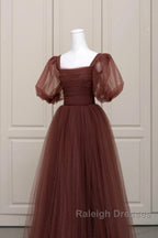 Brown Tulle Floor Length Prom Dresses A-Line Short Sleeve Prom Dresses