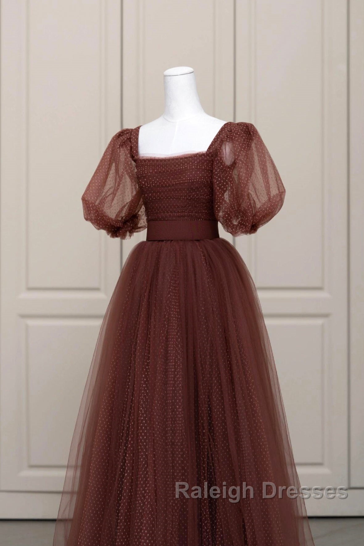 Brown Tulle Floor Length Prom Dresses A-Line Short Sleeve Prom Dresses