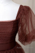 Brown Tulle Floor Length Prom Dresses A-Line Short Sleeve Prom Dresses