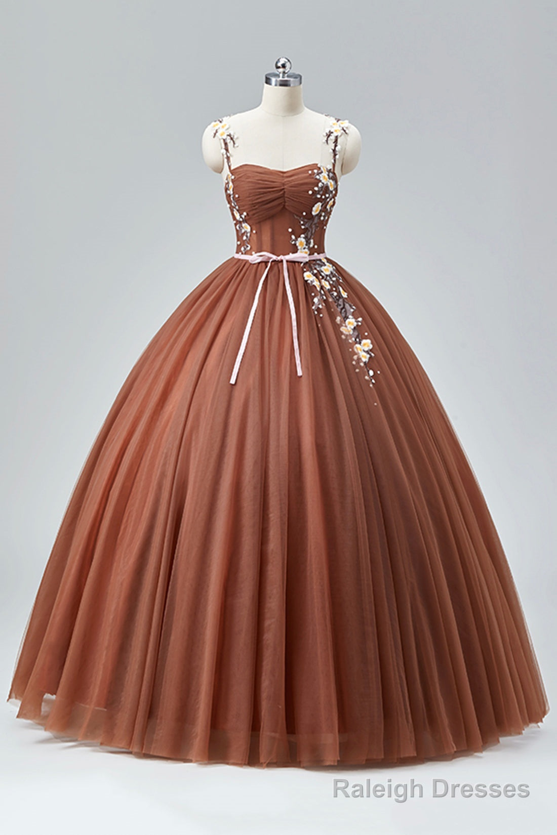 Brown Tulle Lace Long Prom Dress, Beautiful A-Line Spaghetti Strap Evening Party Dress