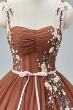 Brown Tulle Lace Long Prom Dresses Beautiful A-Line Spaghetti Strap Prom Dresses
