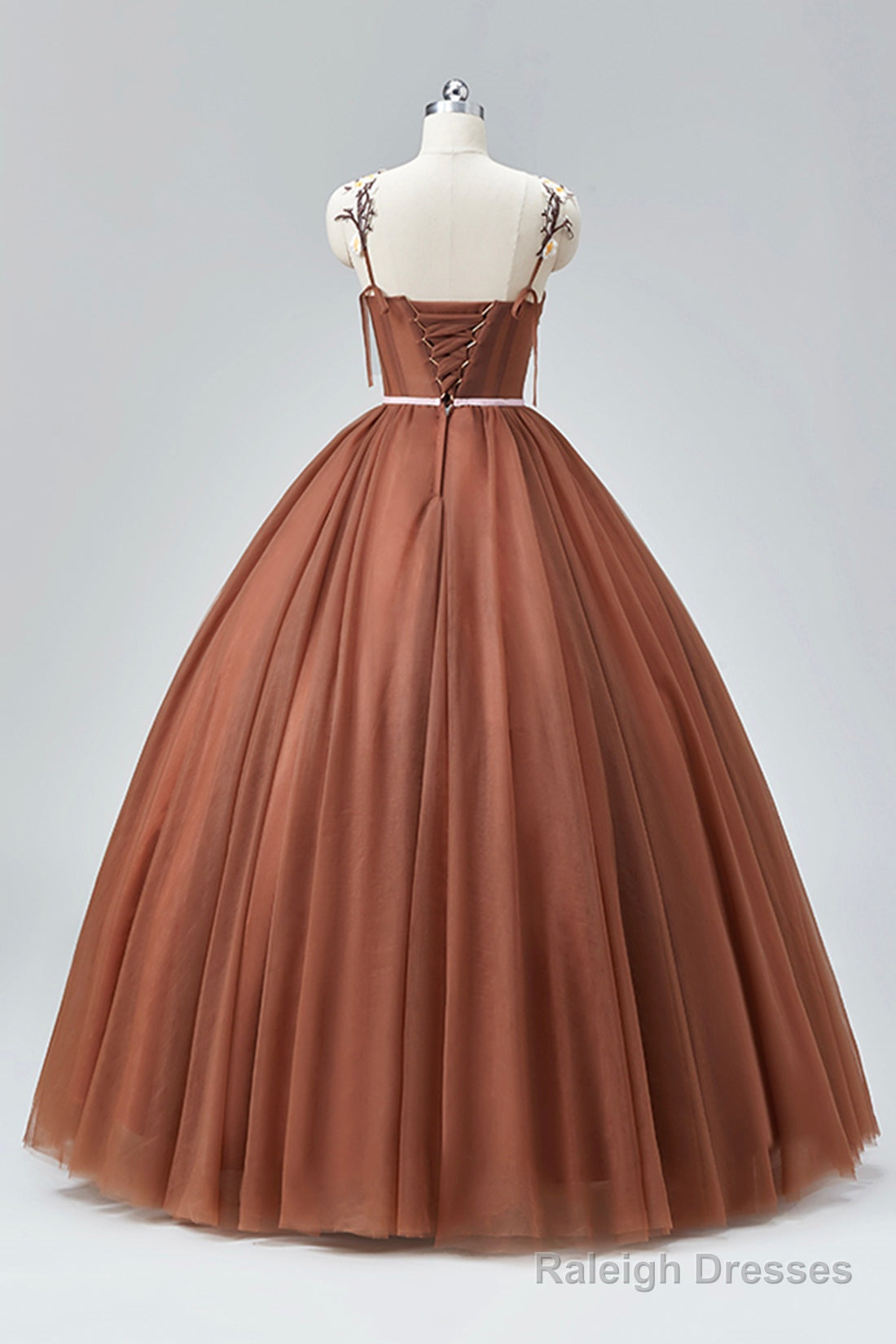 Brown Tulle Lace Long Prom Dresses Beautiful A-Line Spaghetti Strap Prom Dresses