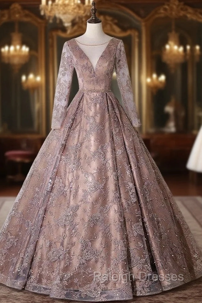 Brown Tulle Long Sleeve Pearls Embroidery Quinceanera Dress Main image