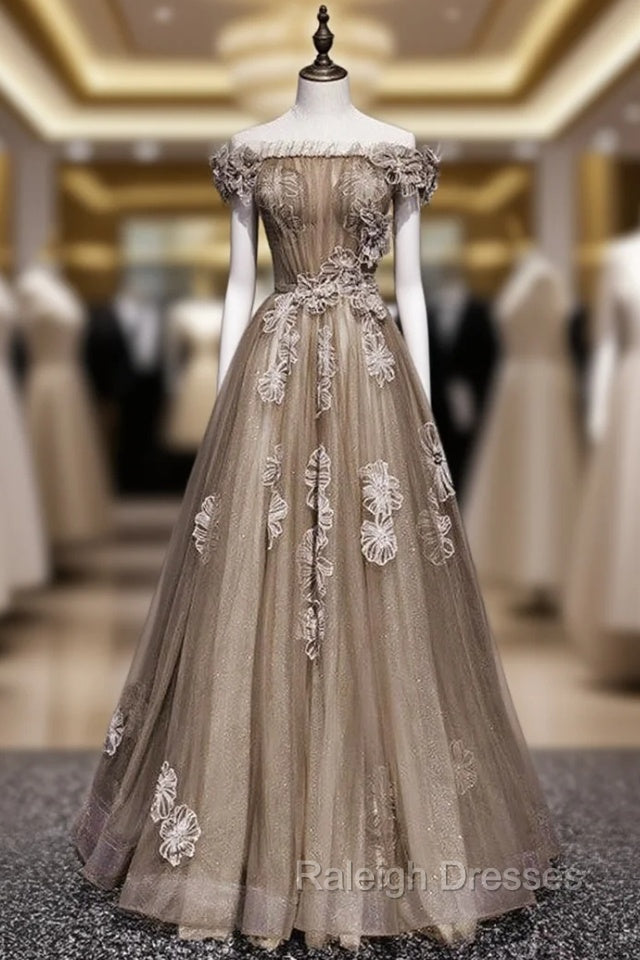 Brown Tulle Off the Shoulder Long Prom Dress Main image